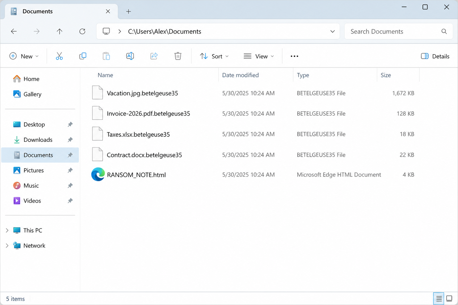 Files locked by Betelgeuse. The name ends in .betelgeuse35. RANSOM_NOTE.html is the note.
