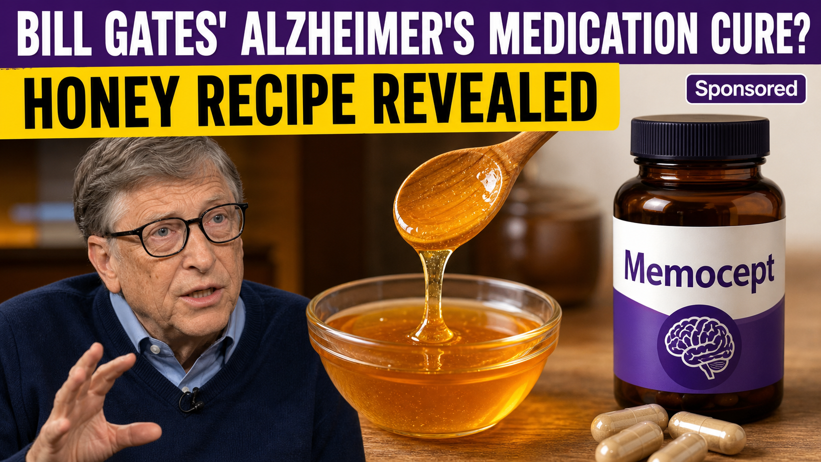 Fake sponsored social media advertisement claiming Bill Gates revealed an Alzheimer's medication cure