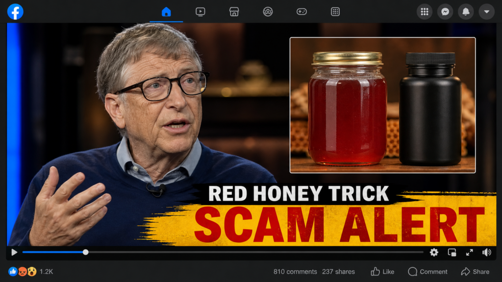 Fake Bill Gates red honey trick social media ad marked as a scam alert