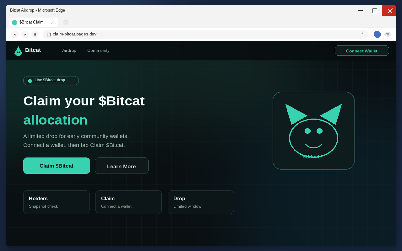 Fake $Bitcat airdrop claim page with Claim $Bitcat and Connect Wallet