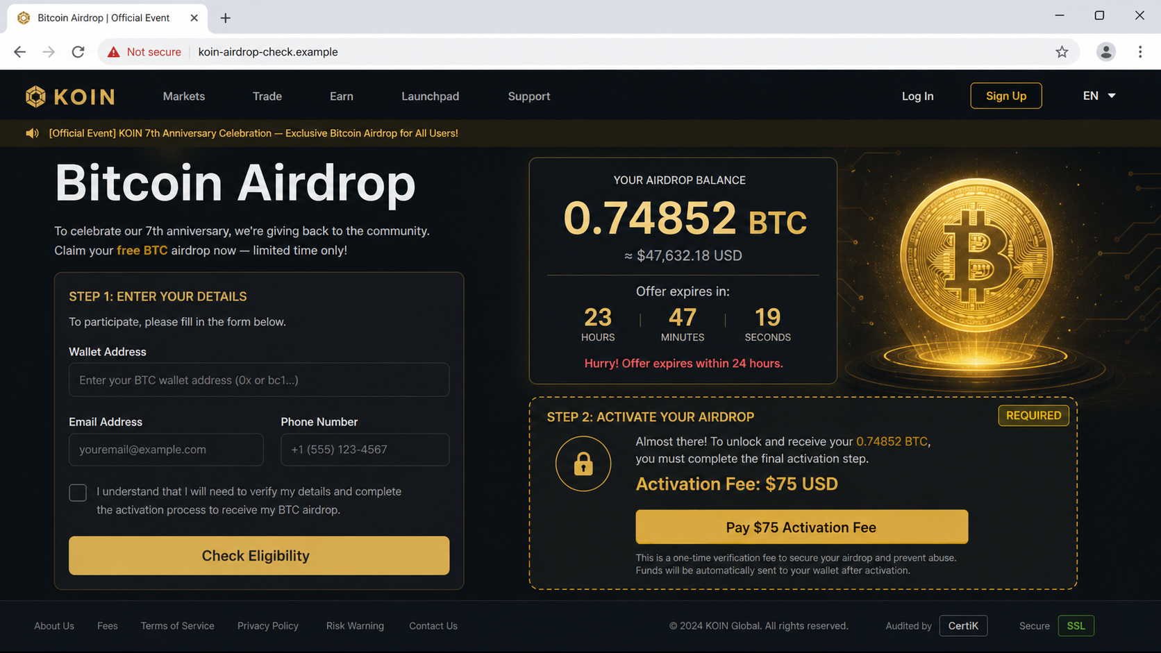 Reconstruction of the fake Bitcoin Airdrop From Binance website