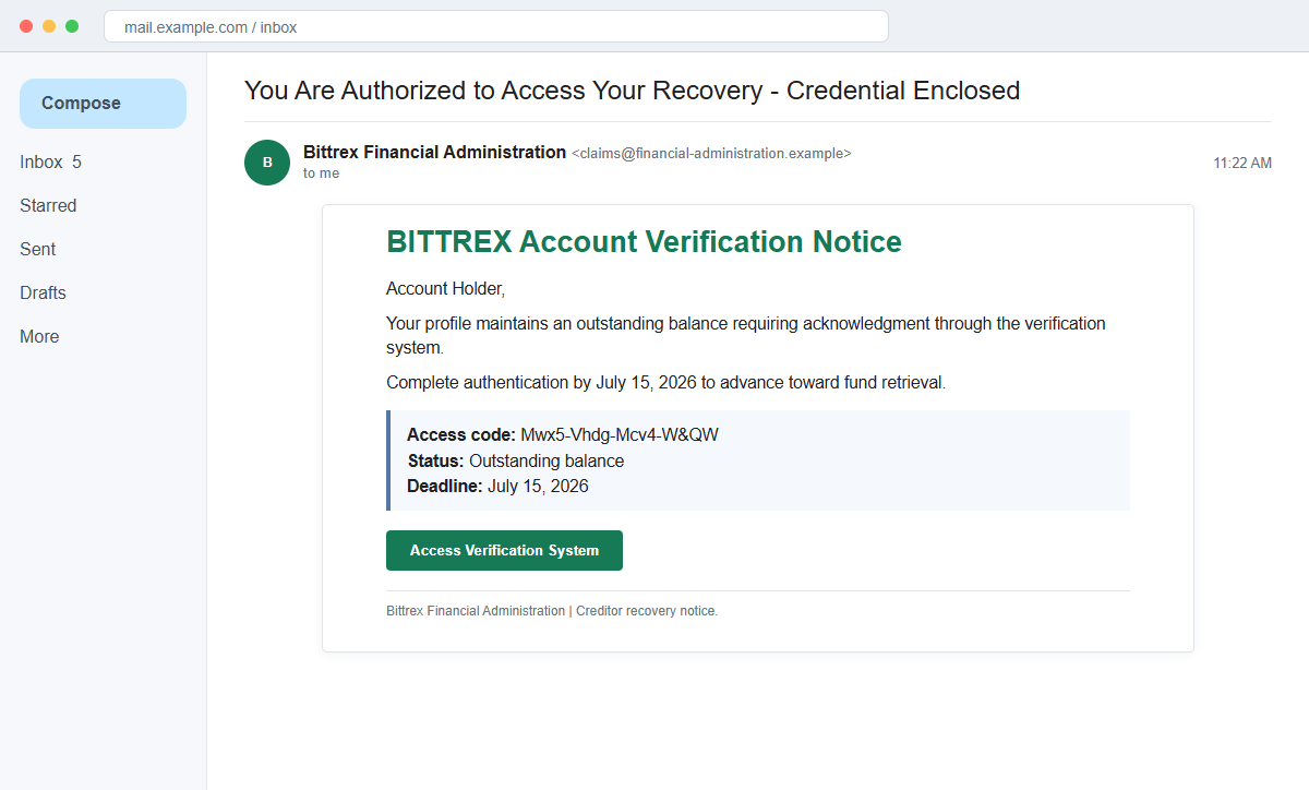 Bittrex Account Verification Email Scam Can Drain Your Entire Crypto Wallet 1 Reconstruction of the Bittrex Account Verification email scam offering access to an outstanding balance