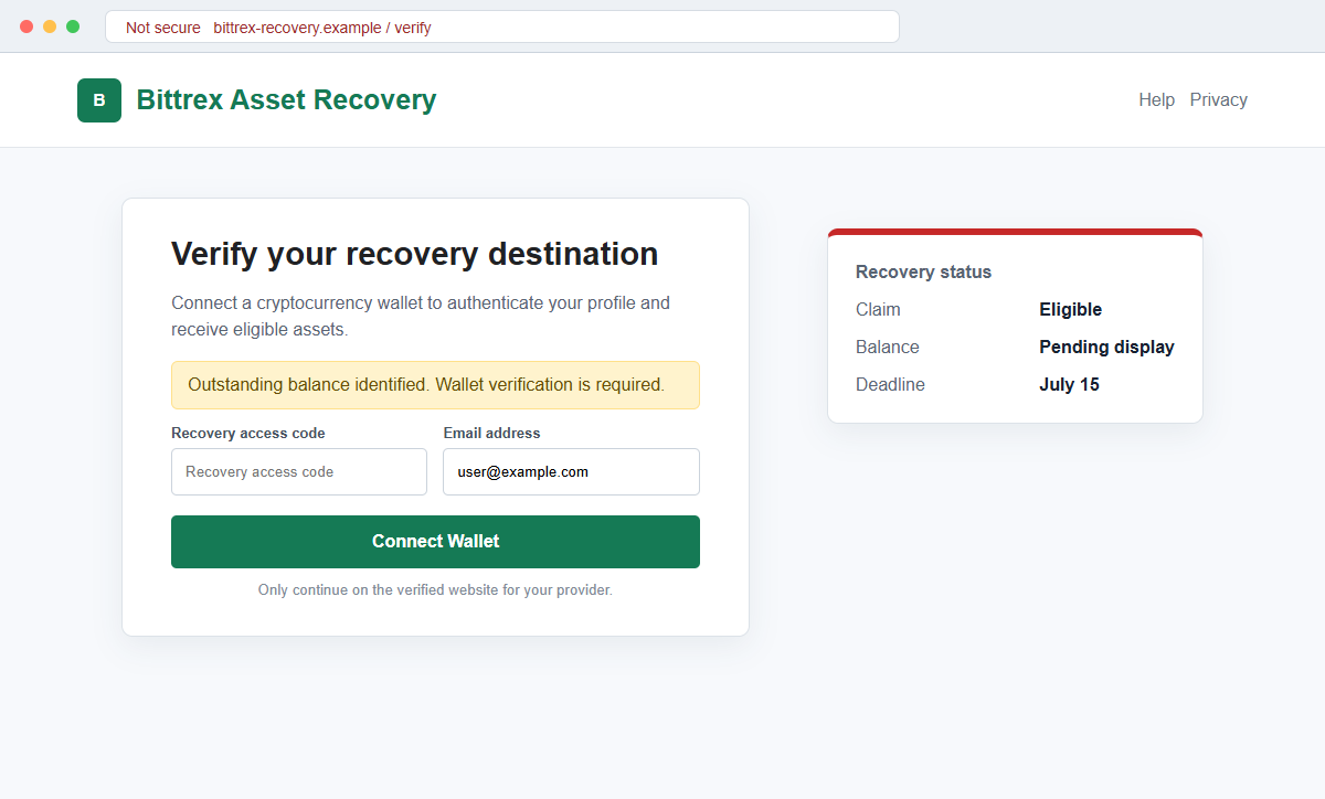 Bittrex Account Verification Email Scam Can Drain Your Entire Crypto Wallet 2 Reconstruction of a fake Bittrex recovery portal asking the visitor to connect a cryptocurrency wallet