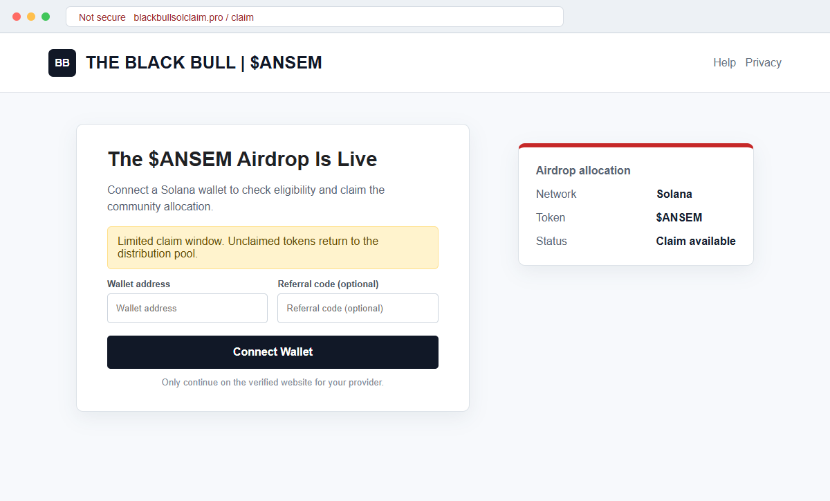 Reconstruction of the fake Black Bull $ANSEM airdrop page at blackbullsolclaim.pro