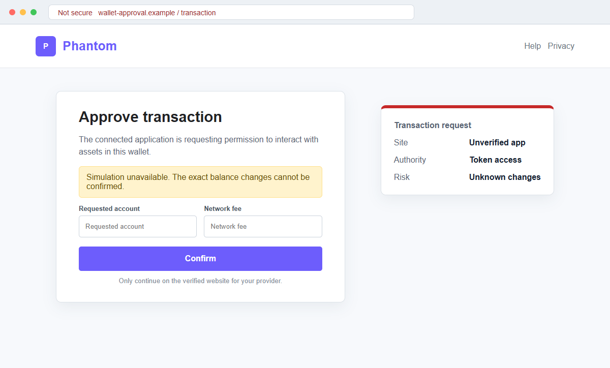 Reconstruction of a risky Phantom wallet transaction approval requested by an unverified airdrop site