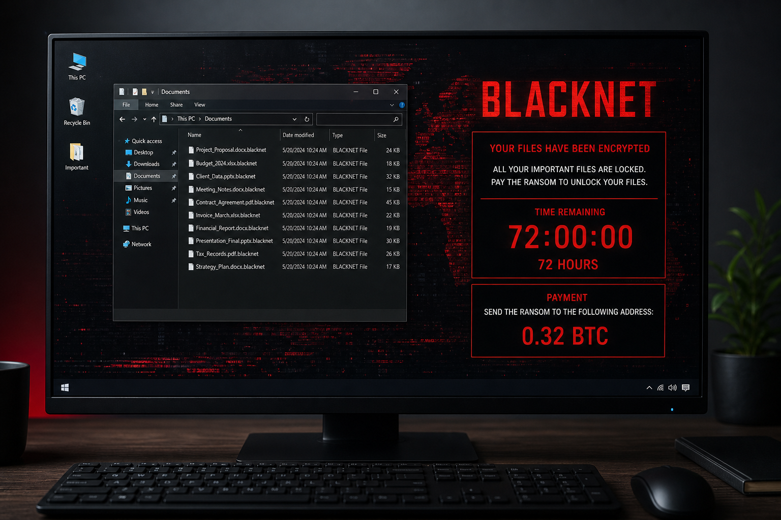 BLACKNET ransomware encrypting files with the .blacknet extension and displaying a ransom demand