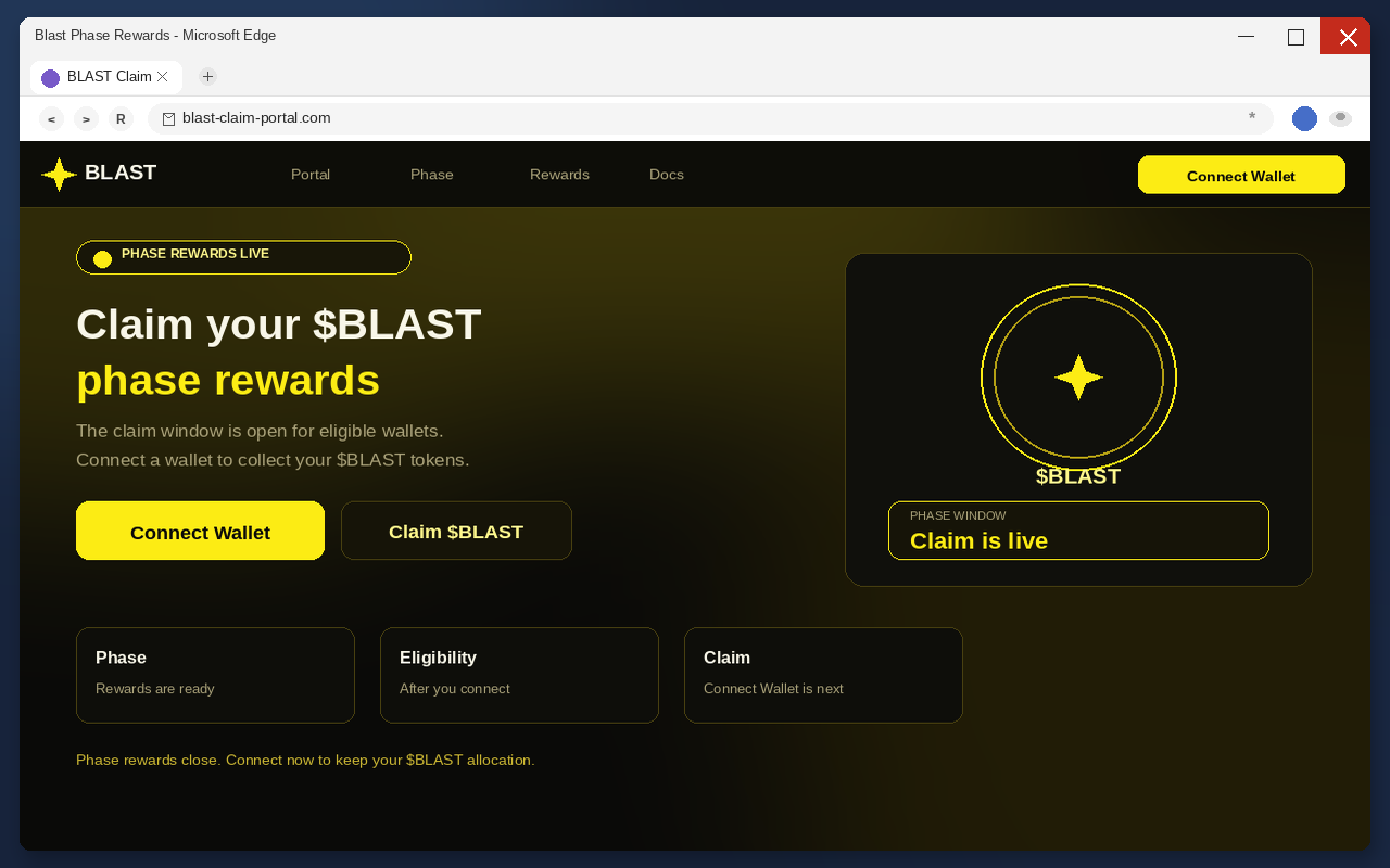 Blast Airdrop EXPOSED: Fake $BLAST Claim Pages Drain Wallets 1 Fake Blast airdrop claim page with Connect Wallet