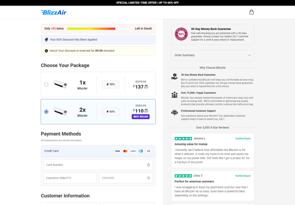 BlizzAir checkout showing the two-unit package selected