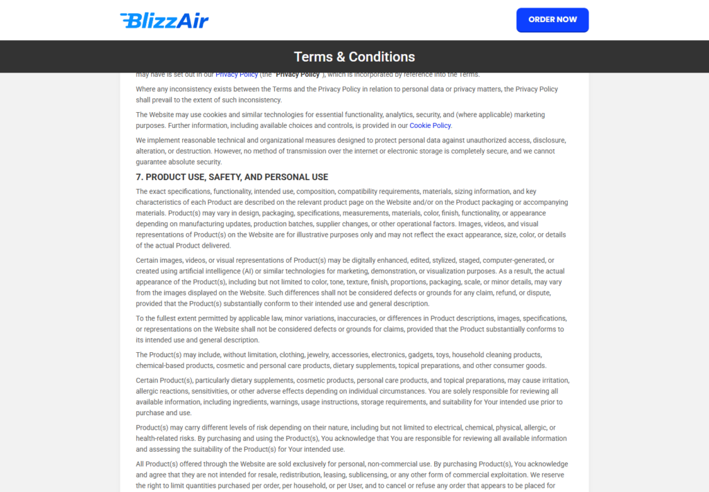 BlizzAir terms explaining that product images may be digitally enhanced or AI-generated