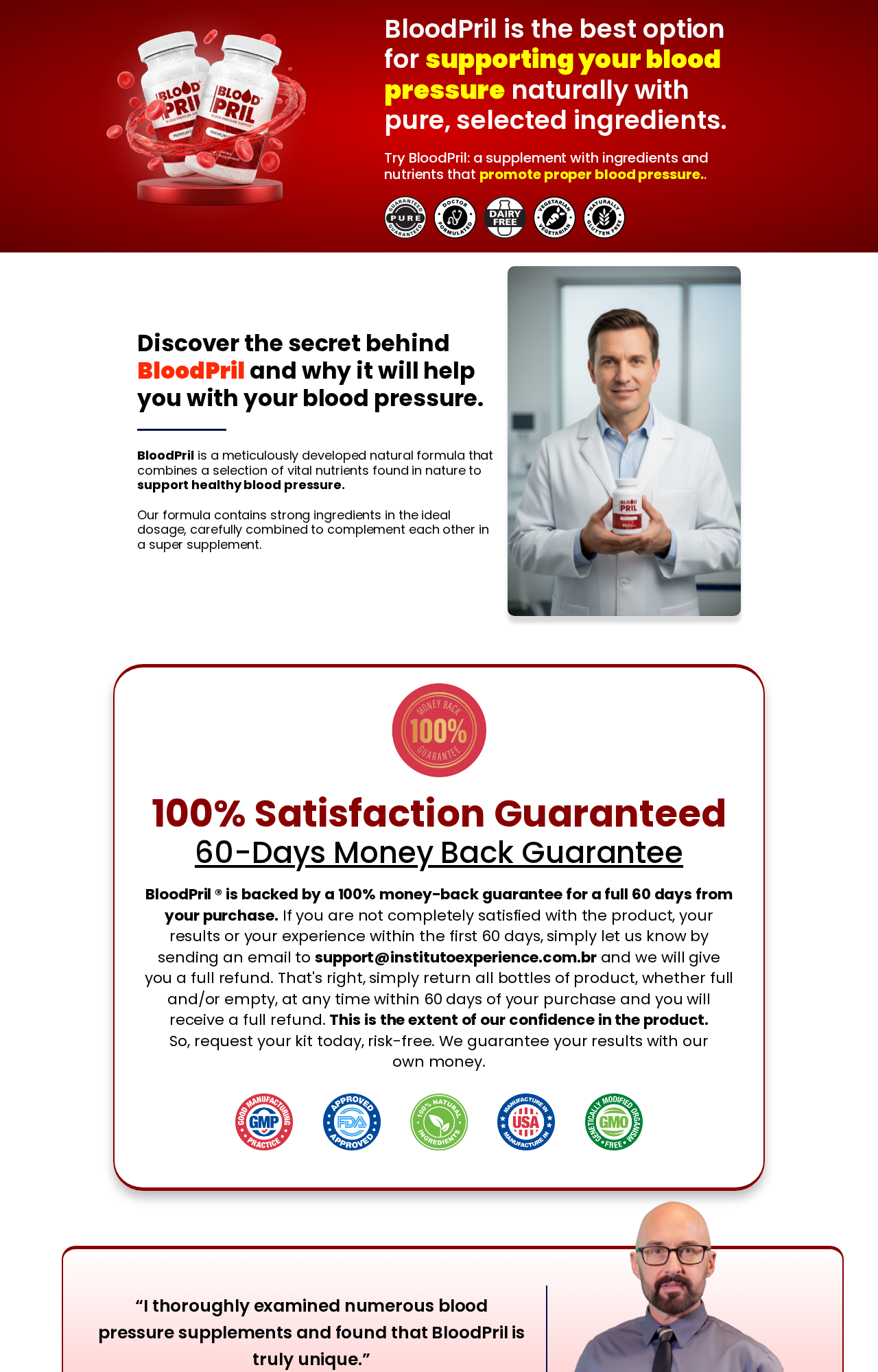 Blood Pril Reviews Exposed: Fake or Real? Full Scam Investigation 2026 3 Blood Pril sales page using blood pressure claims, an unidentified doctor image, and FDA-style badges