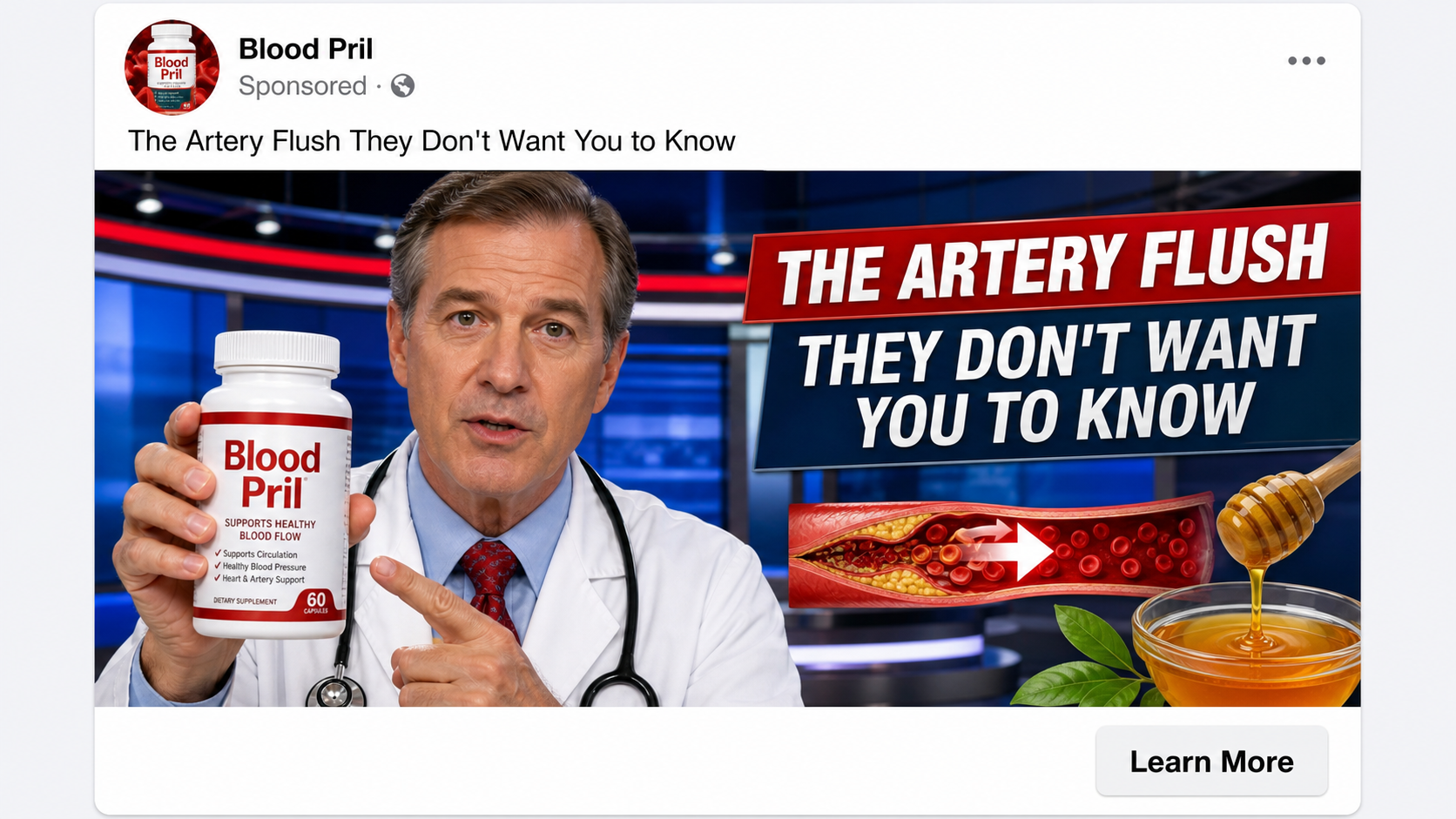 Blood Pril Reviews Exposed: Fake or Real? Full Scam Investigation 2026 1 Realistic reconstruction of a deceptive Blood Pril Facebook advertisement using a fictional doctor and artery flush claim