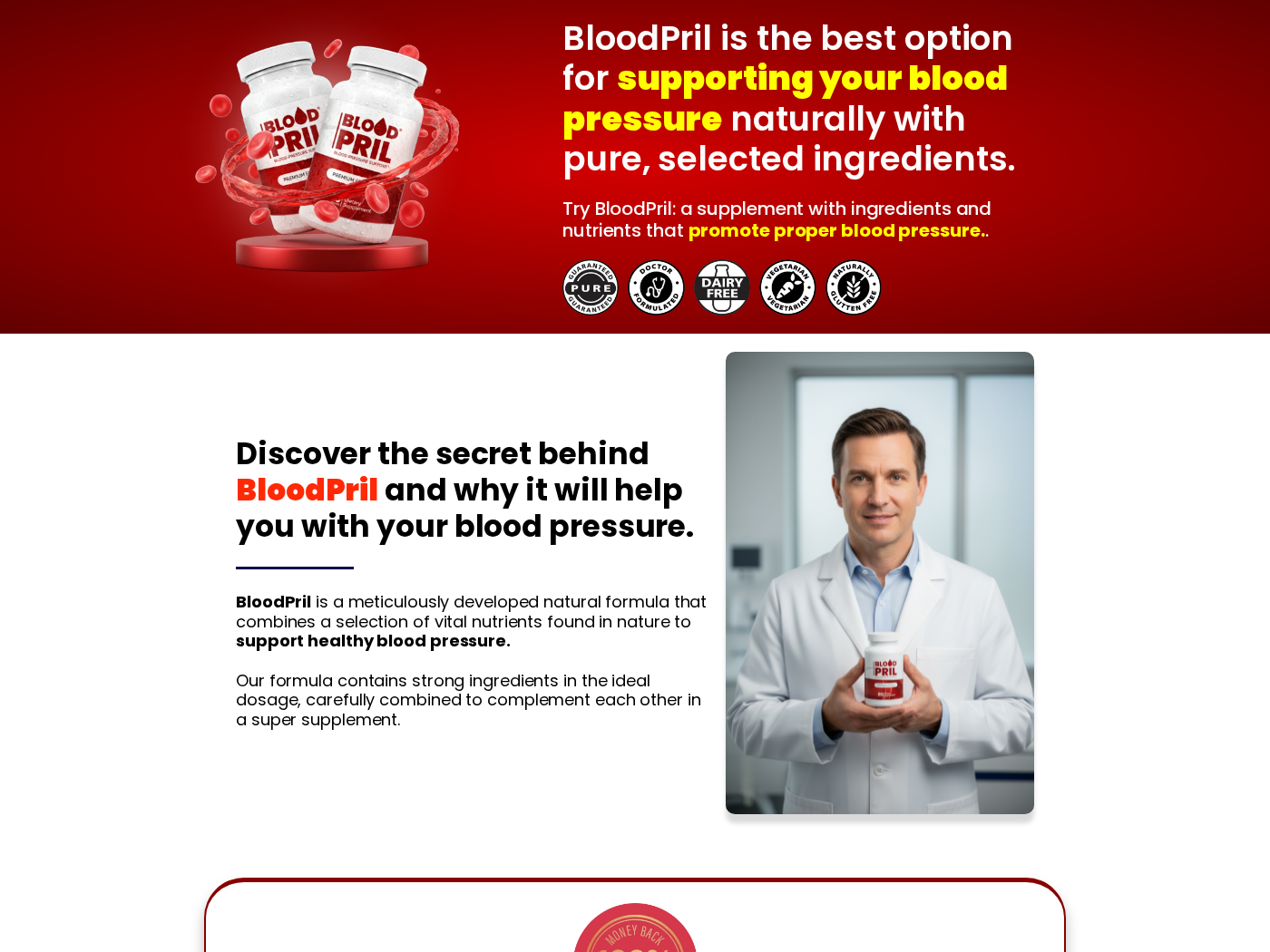 Arterial Flush Ritual Scam Exposed: Fake or Real? Complete Investigation 1 BloodPril supplement sales page promoting blood pressure support with a doctor image
