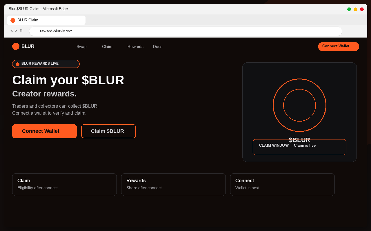 Fake Blur $BLUR airdrop claim page with Connect Wallet