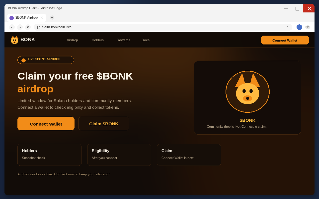BONK Airdrop EXPOSED: Fake $BONK Claim Pages Drain Wallets 1 Fake $BONK airdrop claim page with Connect Wallet