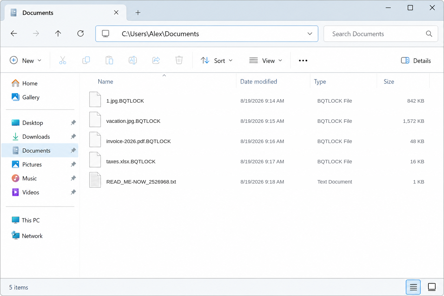 Encrypted files after BQTLOCK. The .BQTLOCK names and READ_ME-NOW_2526968.txt are the tell.