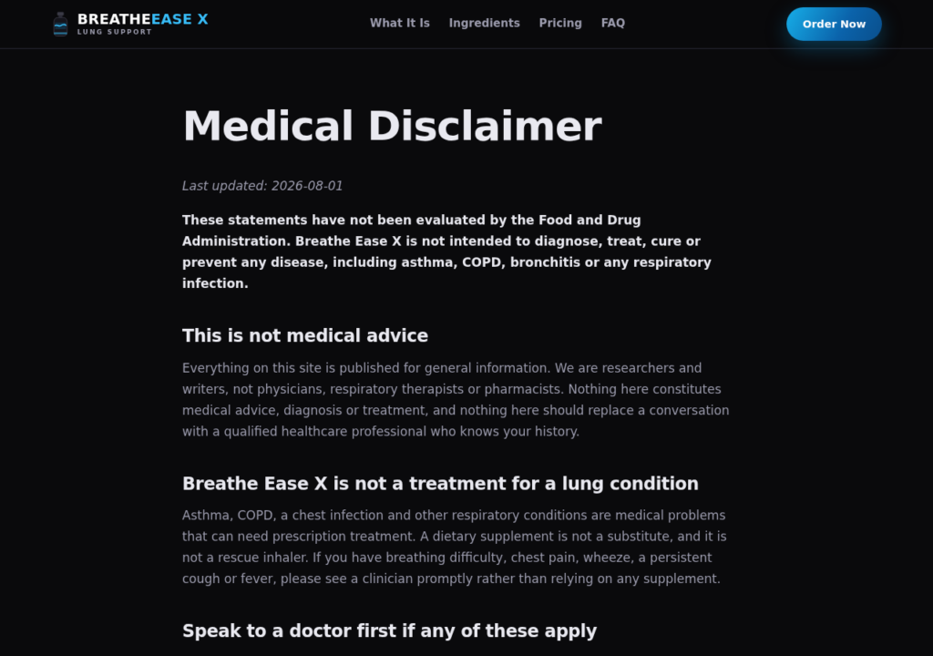 Screenshot of the BreatheEaseX medical disclaimer page