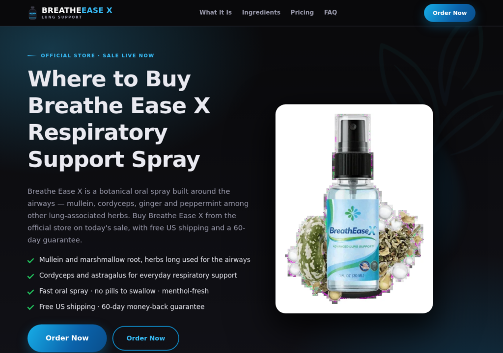 Screenshot of the BreatheEaseX respiratory supplement landing page