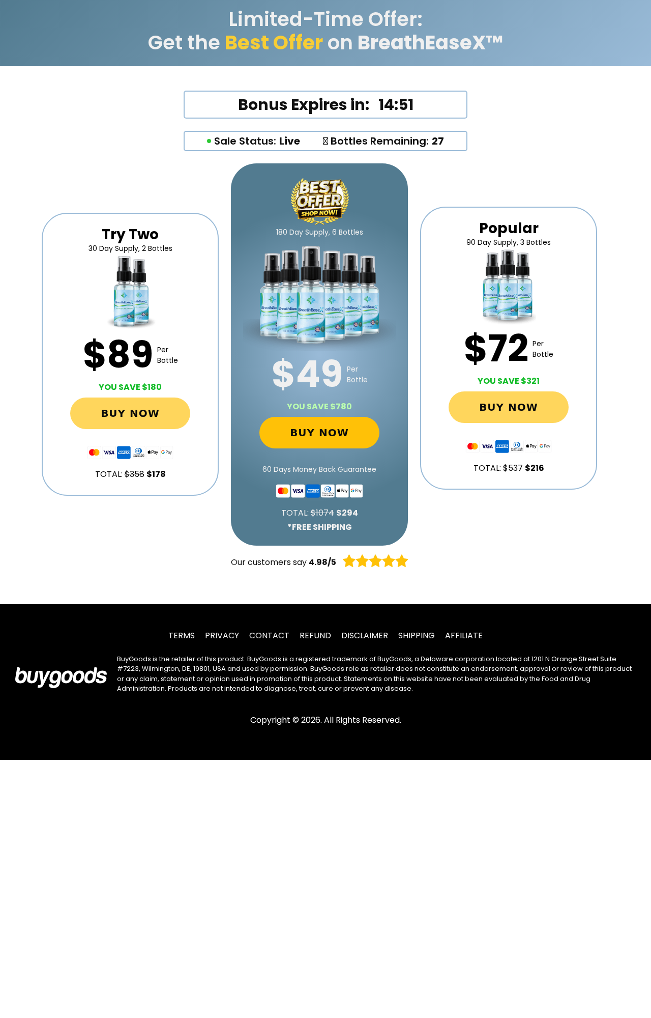 BreatheEaseX Reviews Exposed: Fake or Real? Full Scam Investigation 2026 2 BreatheEaseX checkout showing two, three, and six bottle pricing packages
