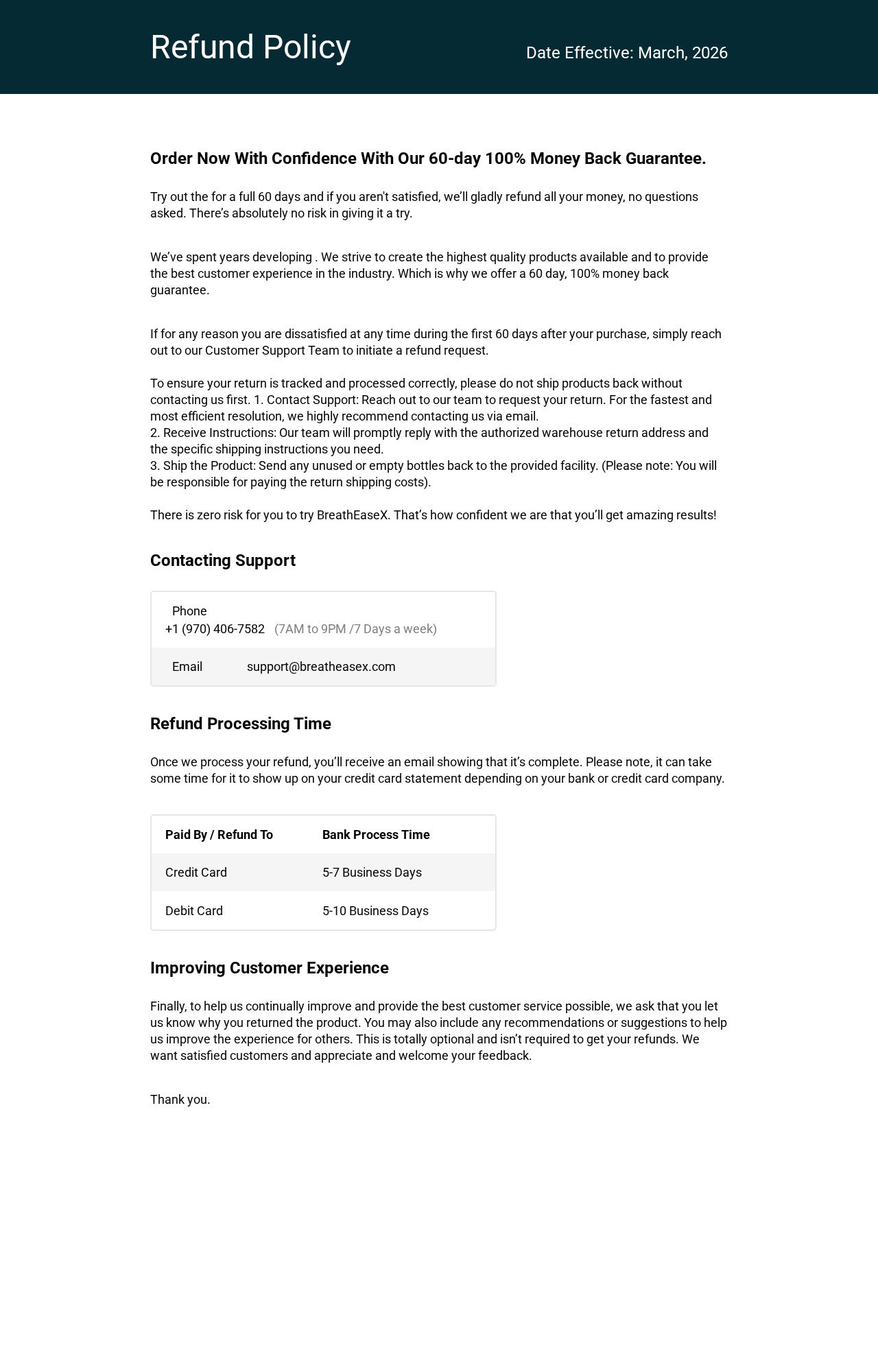 BreatheEaseX Reviews Exposed: Fake or Real? Full Scam Investigation 2026 3 BreatheEaseX refund policy listing support details and a 60-day return process