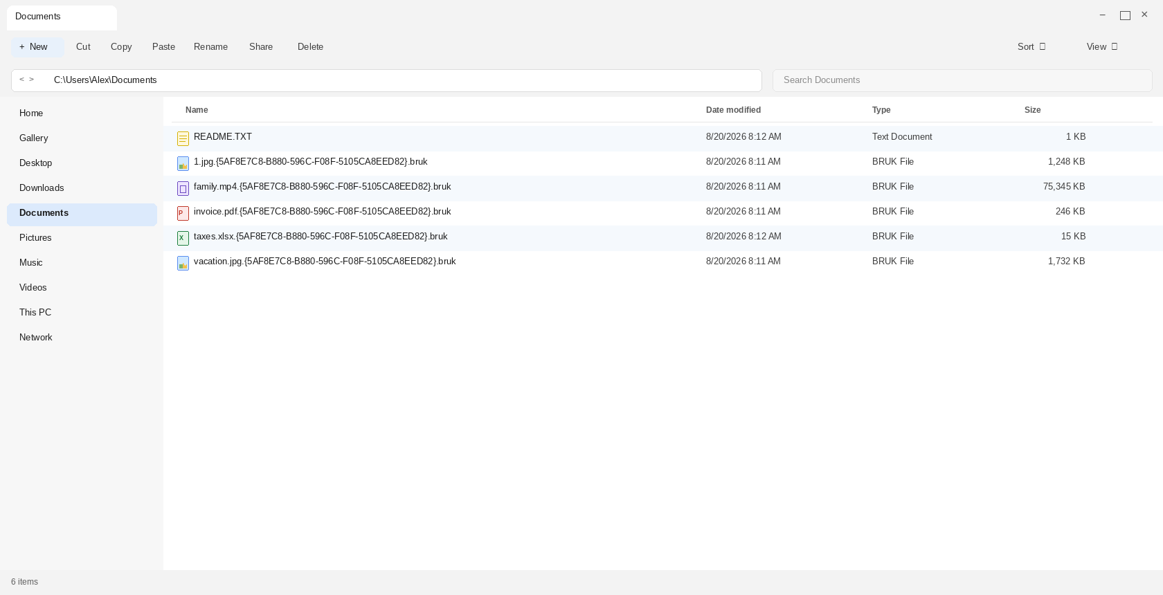 Documents after Bruk. invoice.pdf.{5AF8E7C8-B880-596C-F08F-5105CA8EED82}.bruk and README.TXT are the tell.