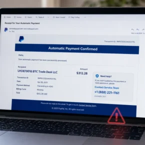 Example of a BTC Trade Desk LLC PayPal scam email displayed on a laptop