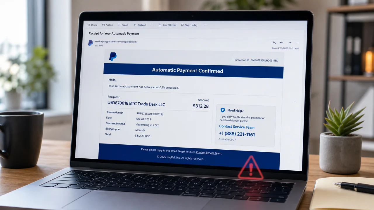 Example of a BTC Trade Desk LLC PayPal scam email displayed on a laptop