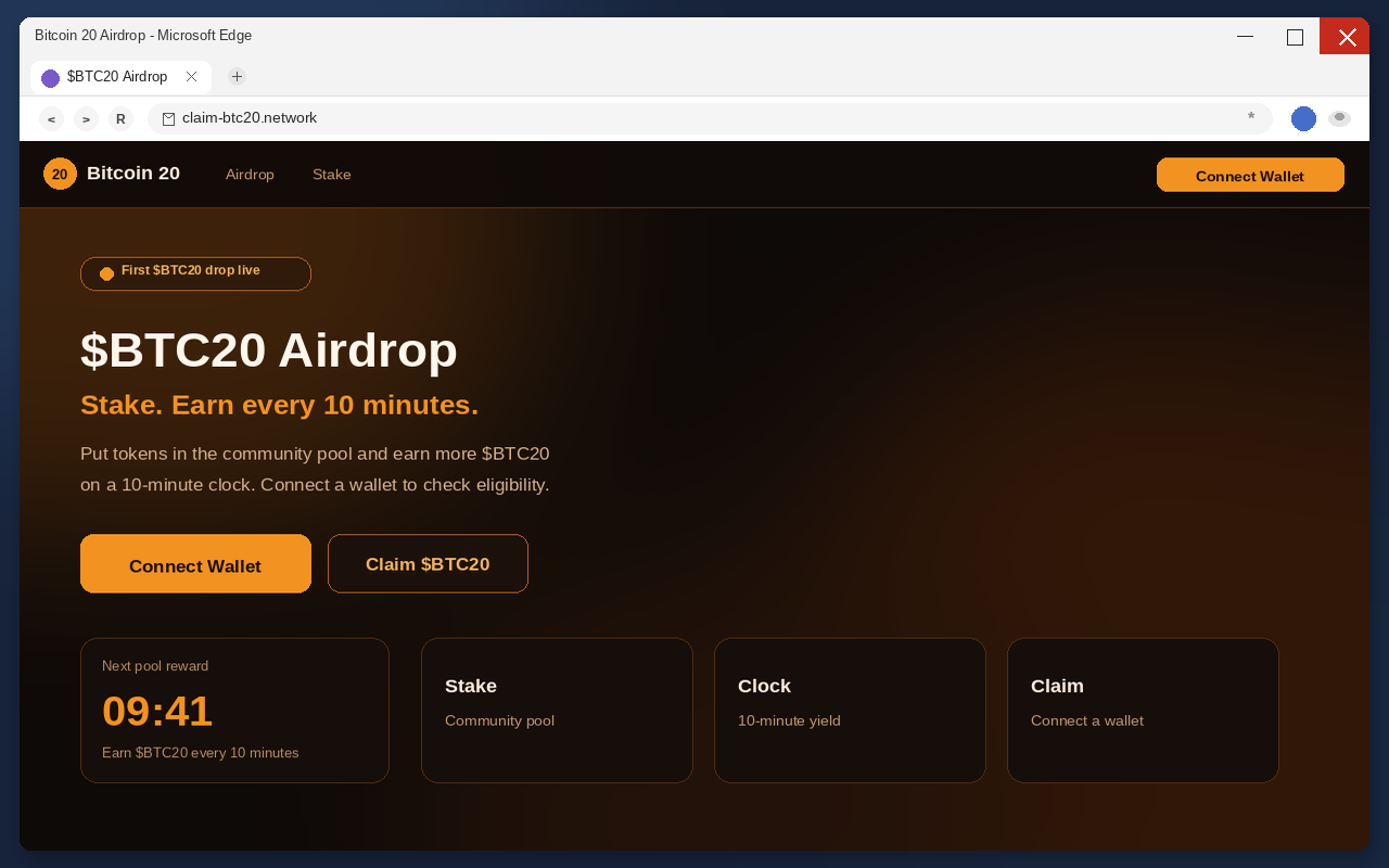 Fake $BTC20 airdrop claim page with Connect Wallet