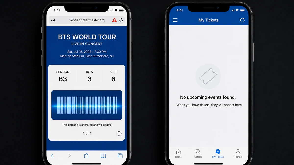 Realistic comparison of a fake BTS ticket at verifiedticketmaster.org and an official ticket account showing no upcoming events