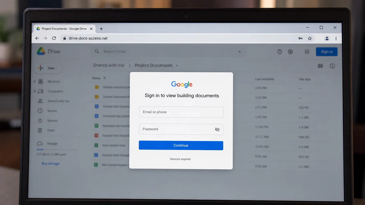 Realistic reconstruction of a fake Google login page for building documents on an unrelated domain