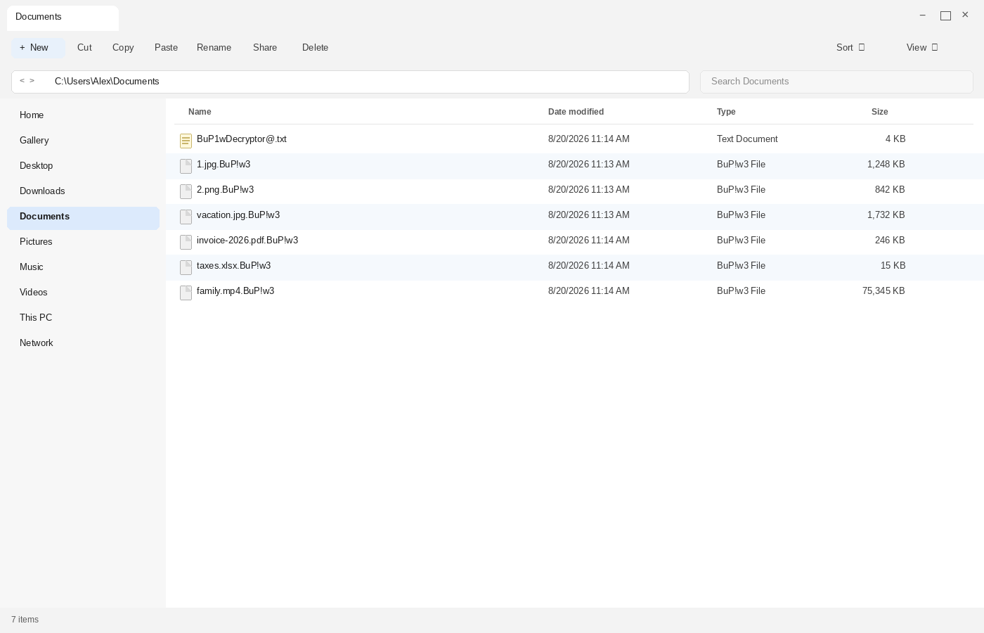 Encrypted files after BuP1w. The .BuP!w3 names and BuP1wDecryptor@.txt are the tell.