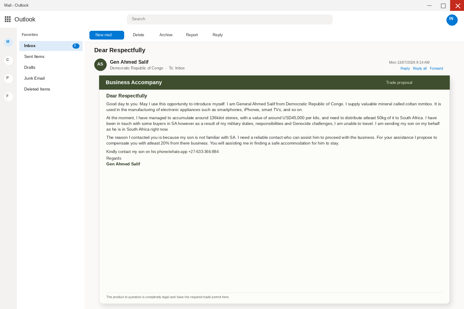Outlook view of a Dear Respectfully business accompany email signed by Gen Ahmed Salif