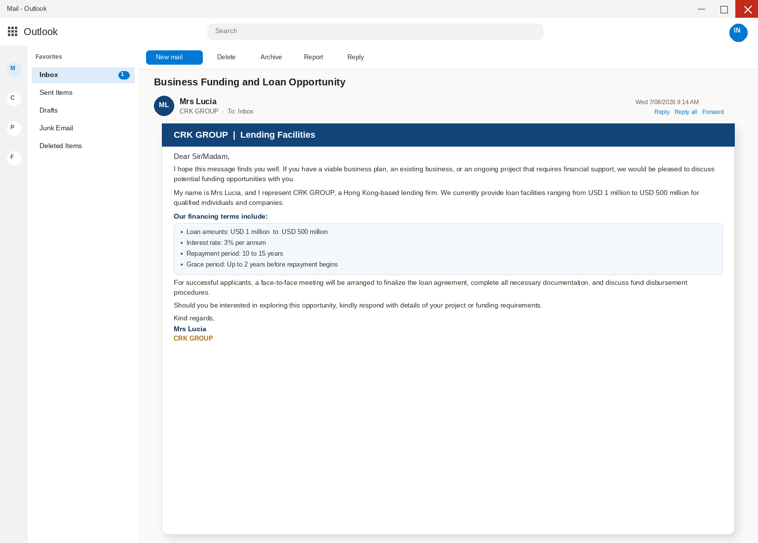 Outlook view of a Business Funding and Loan Opportunity email signed by Mrs Lucia for CRK GROUP