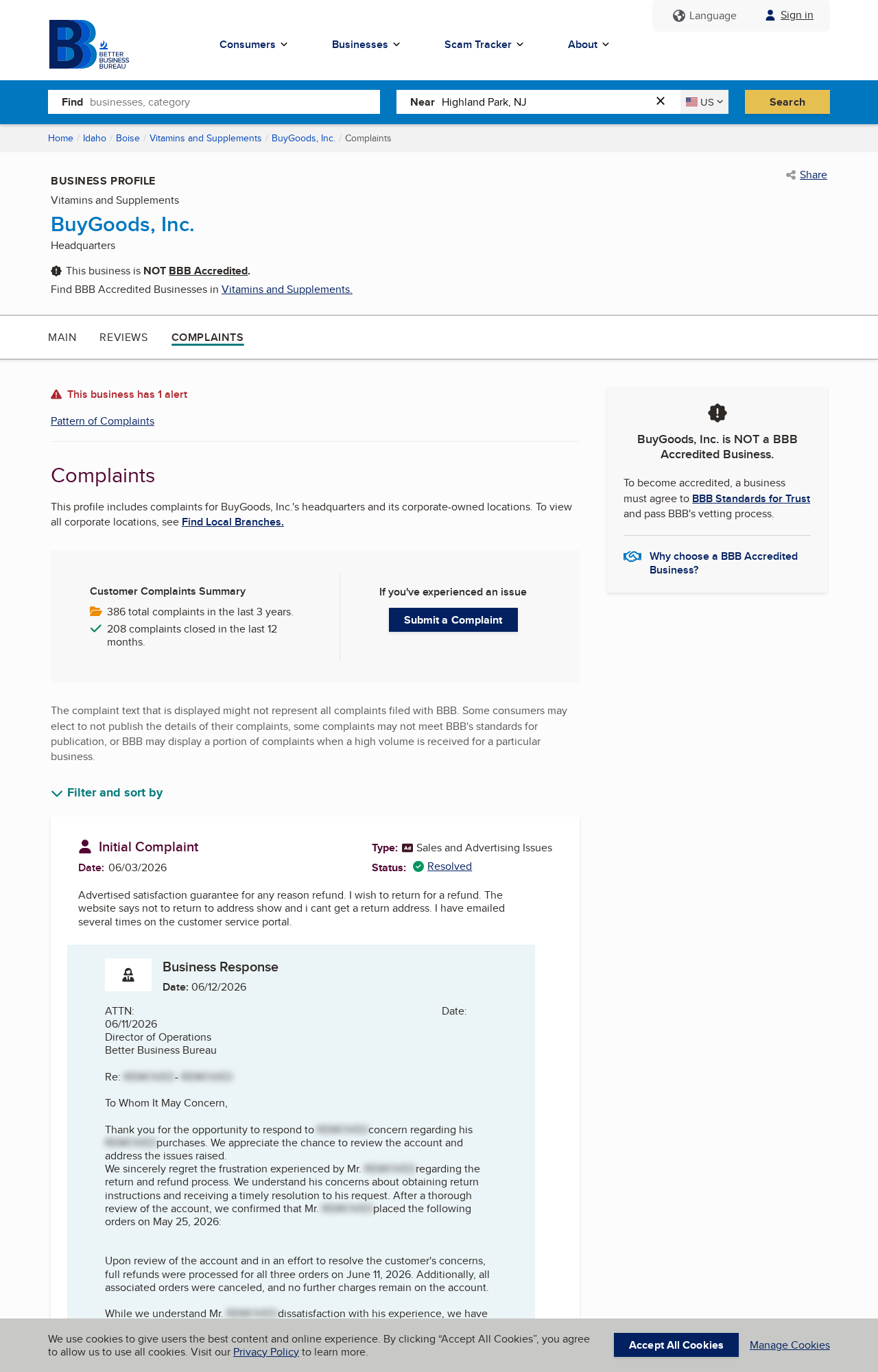 Harm Brain Capsules Reviews Exposed: Fake or Real? Full Investigation 2 Better Business Bureau complaints profile for BuyGoods showing supplement order and refund complaints