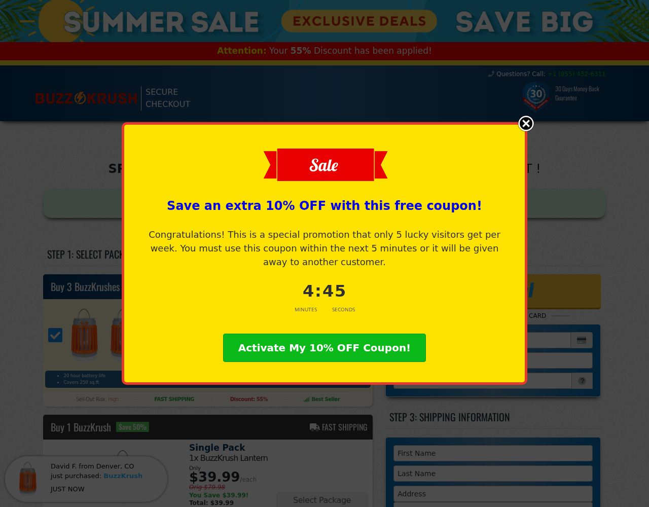 BuzzKrush Zapper EXPOSED - Scam or Legit? Read This 3 BuzzKrush checkout page showing a five-minute coupon countdown and package offers