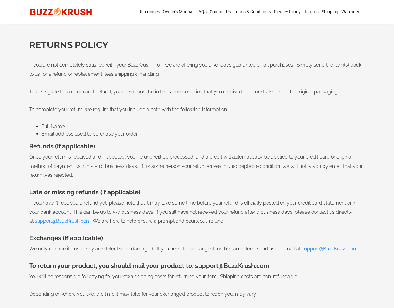 BuzzKrush Zapper EXPOSED - Scam or Legit? Read This 4 BuzzKrush returns policy listing an email address instead of a physical return address