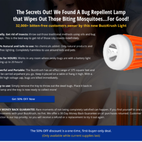 BuzzKrush sales page advertising an orange mosquito killer lamp