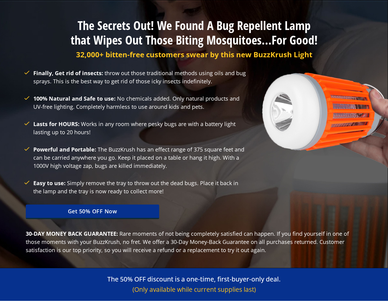 BuzzKrush Zapper EXPOSED - Scam or Legit? Read This 1 BuzzKrush sales page advertising an orange mosquito killer lamp
