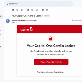 Reconstruction of a fake Capital One card locked email with an unrelated sender domain
