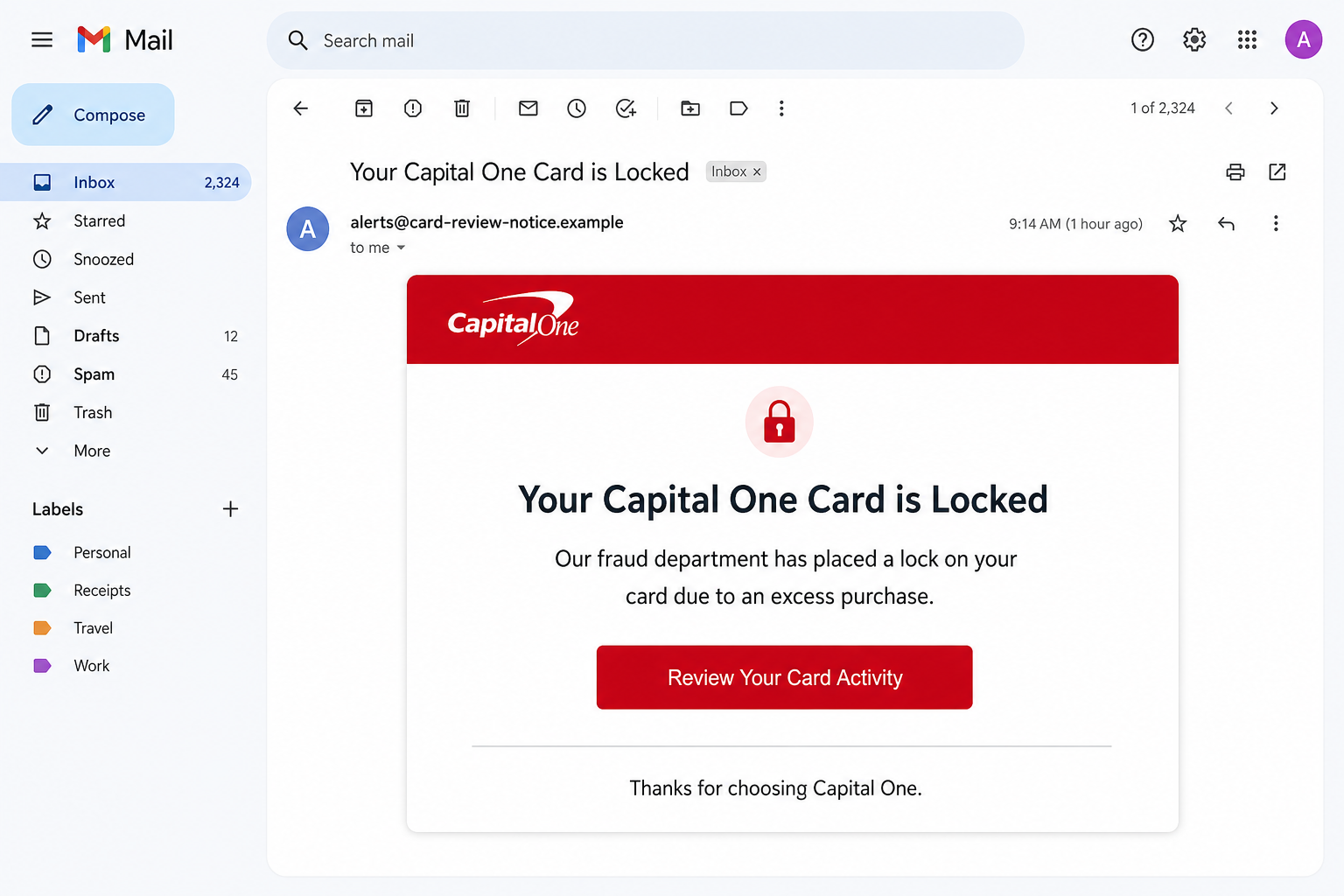 Capital One Card Is Locked Email Scam Steals Your Banking Login and Money 1 Reconstruction of a fake Capital One card locked email with an unrelated sender domain