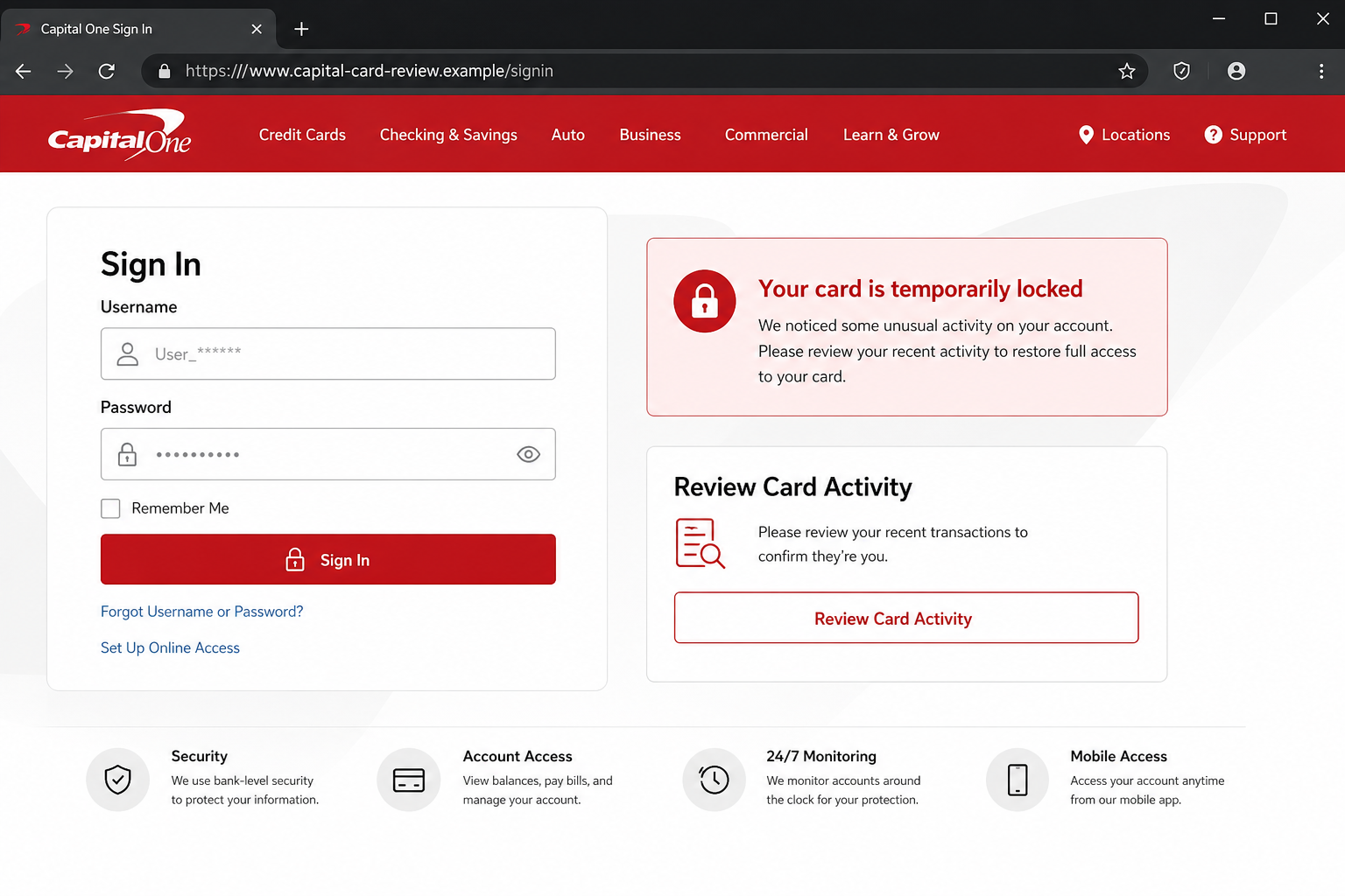 Capital One Card Is Locked Email Scam Steals Your Banking Login and Money 2 Reconstruction of a fake Capital One sign-in page on an unrelated domain