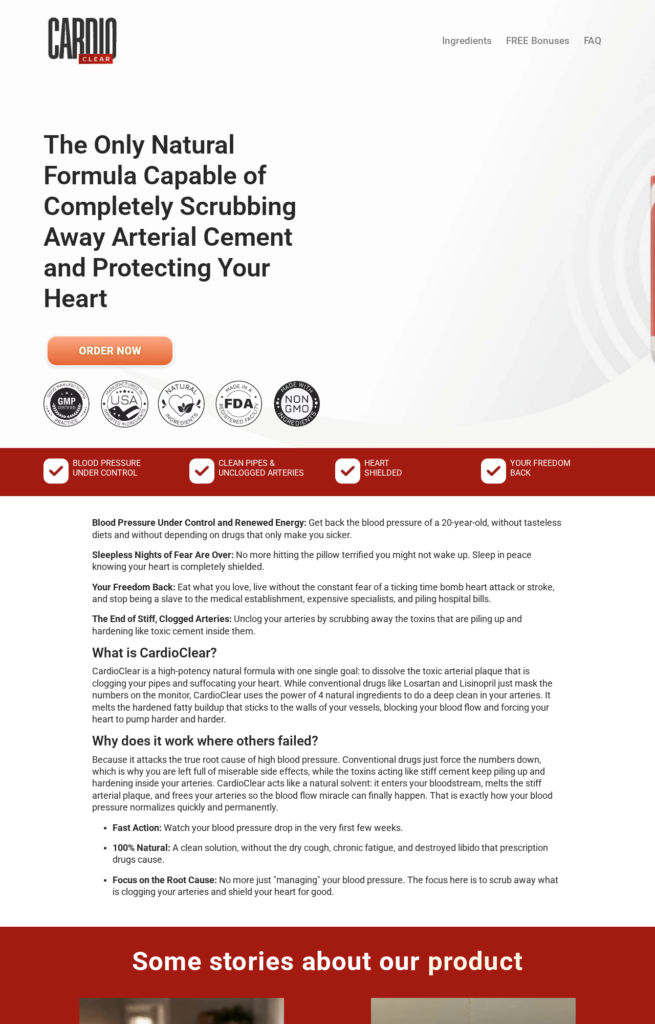 Cardio Clear sales page claiming to scrub away arterial cement and normalize blood pressure