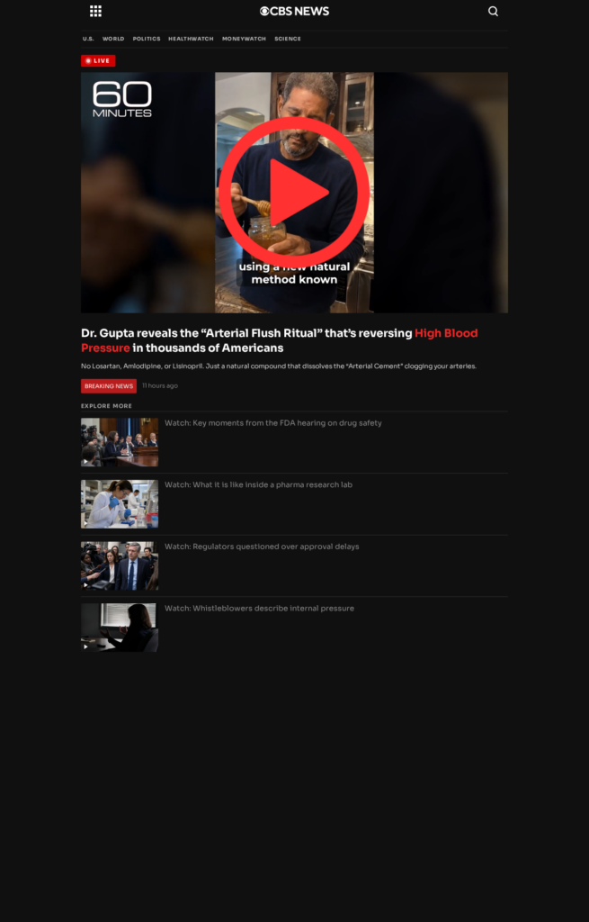 Fake CBS News style Cardio Clear advertorial promoting an arterial flush ritual