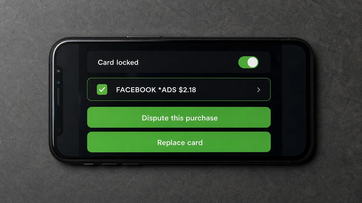 Cash App Facebook Charges Start as Tiny Card Tests 2 Realistic reconstruction of a locked Cash App Card with dispute and replacement controls