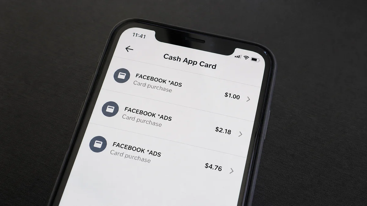 Cash App Facebook Charges Start as Tiny Card Tests 1 Realistic reconstruction of multiple small FACEBOOK ADS charges appearing on a Cash App Card