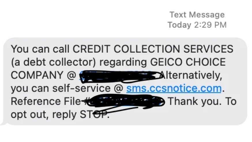 CCS collection text naming an insurer and linking to a self-service portal