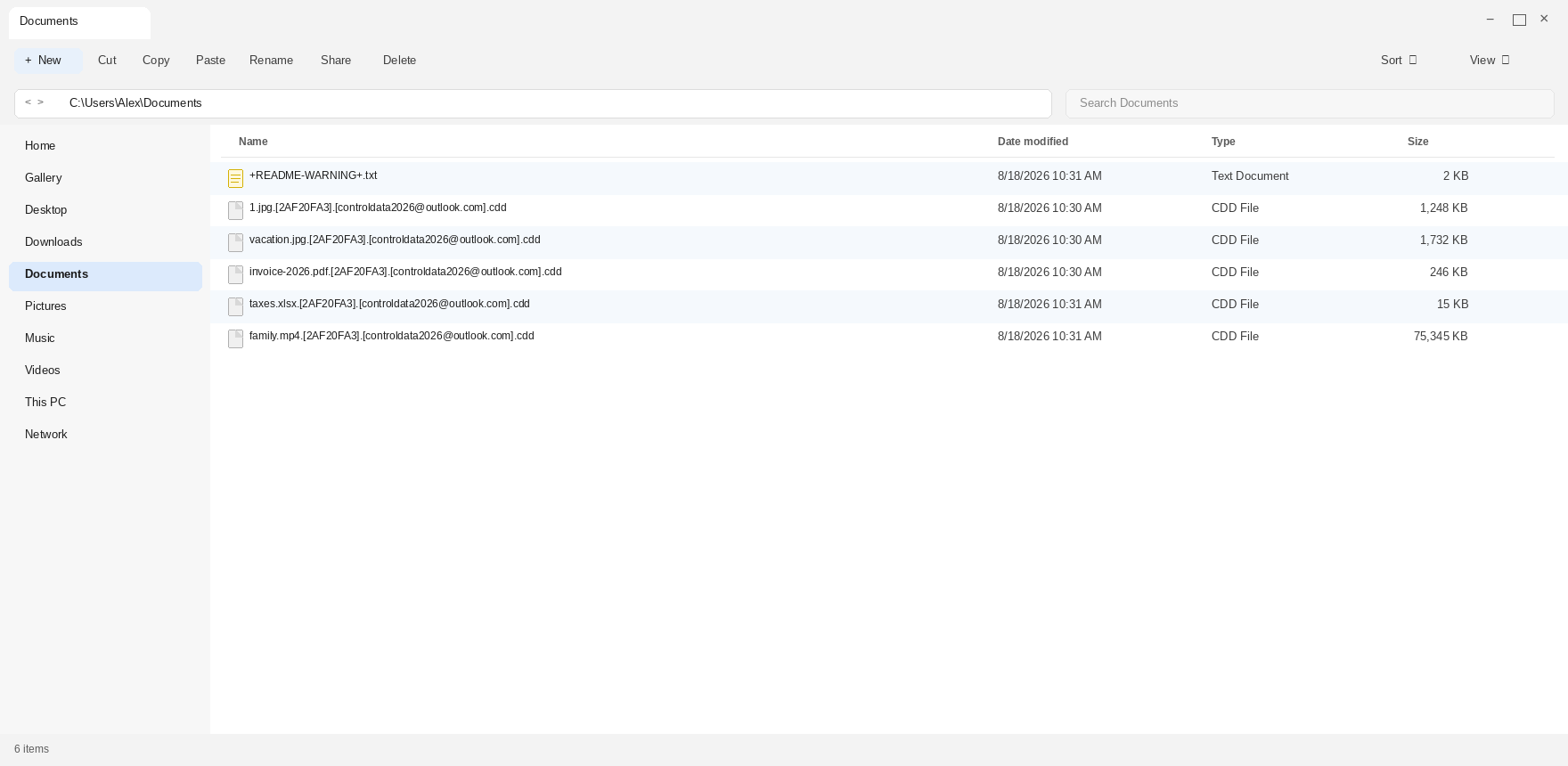 Encrypted files after Cdd. The .cdd names and +README-WARNING+.txt are the tell.