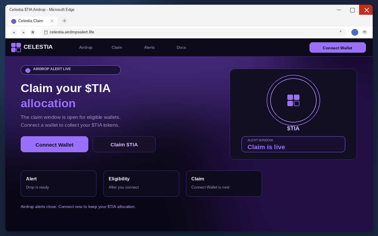 Celestia Airdrop EXPOSED: Fake $TIA Claim Pages Drain Wallets 1 Fake Celestia airdrop claim page with Connect Wallet
