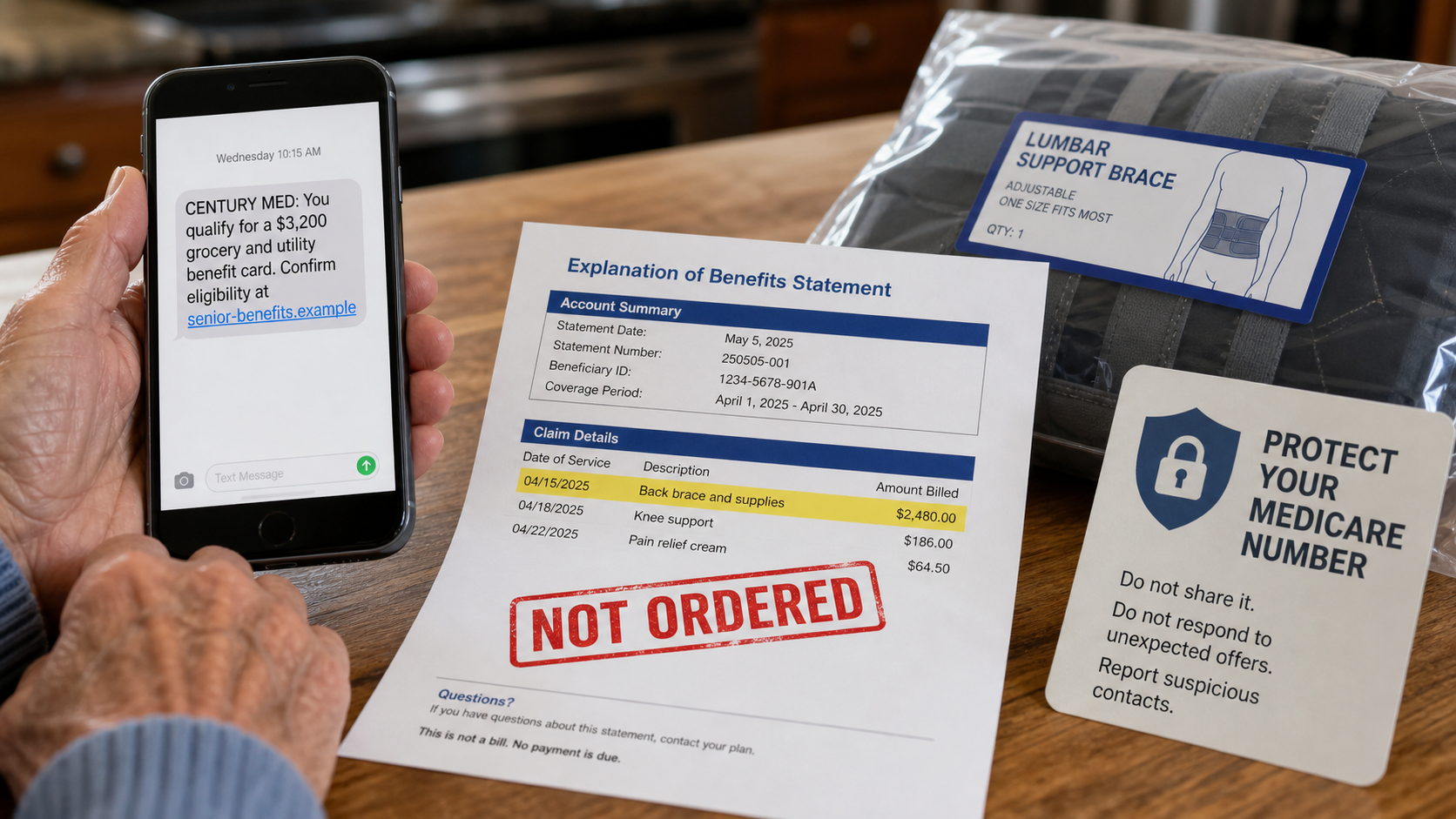 Example of a Century Med benefit-card text and unrequested medical supply claim