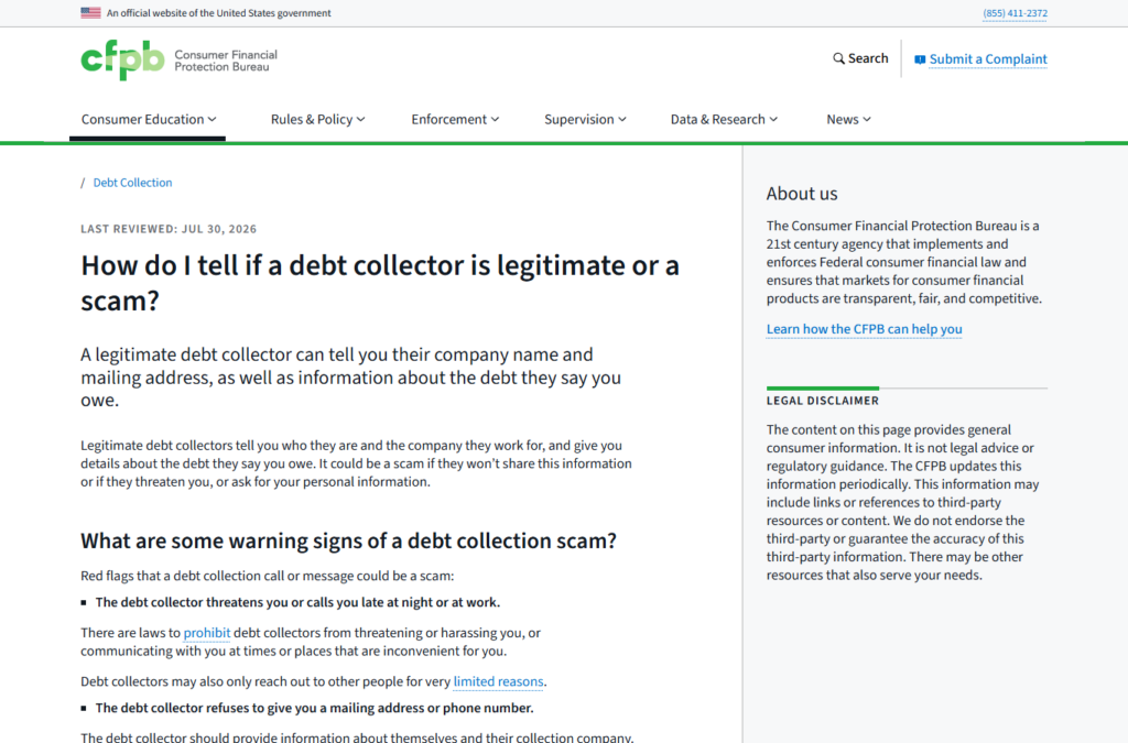 Consumer Financial Protection Bureau warning signs for fake debt collectors