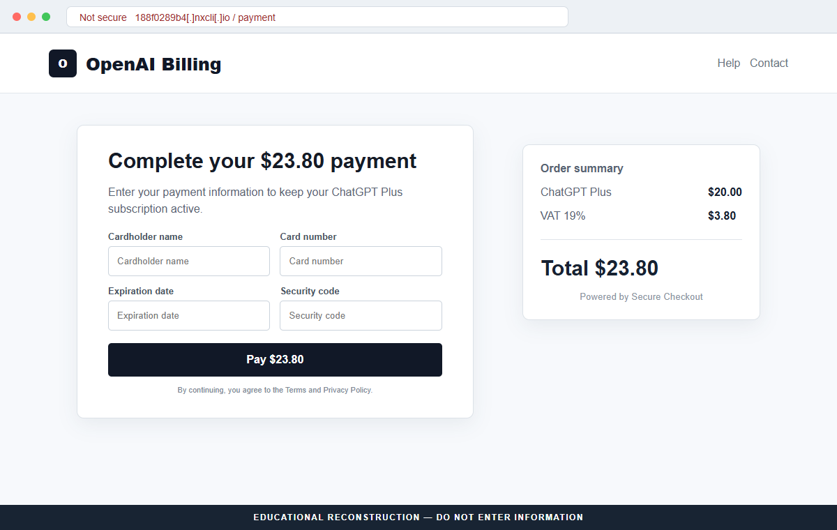 Reconstruction of the fake OpenAI payment page requesting card details for $23.80